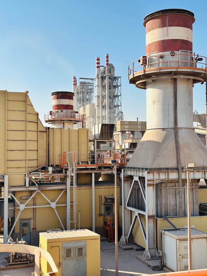 A large industrial power plant with multiple chimneys under a clear blue sky in Saudi Arabia.