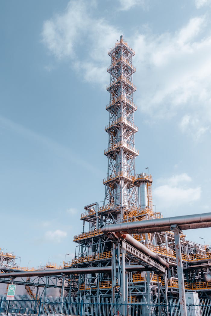 Tall oil refinery tower under blue sky in Trzebinia, Poland.
